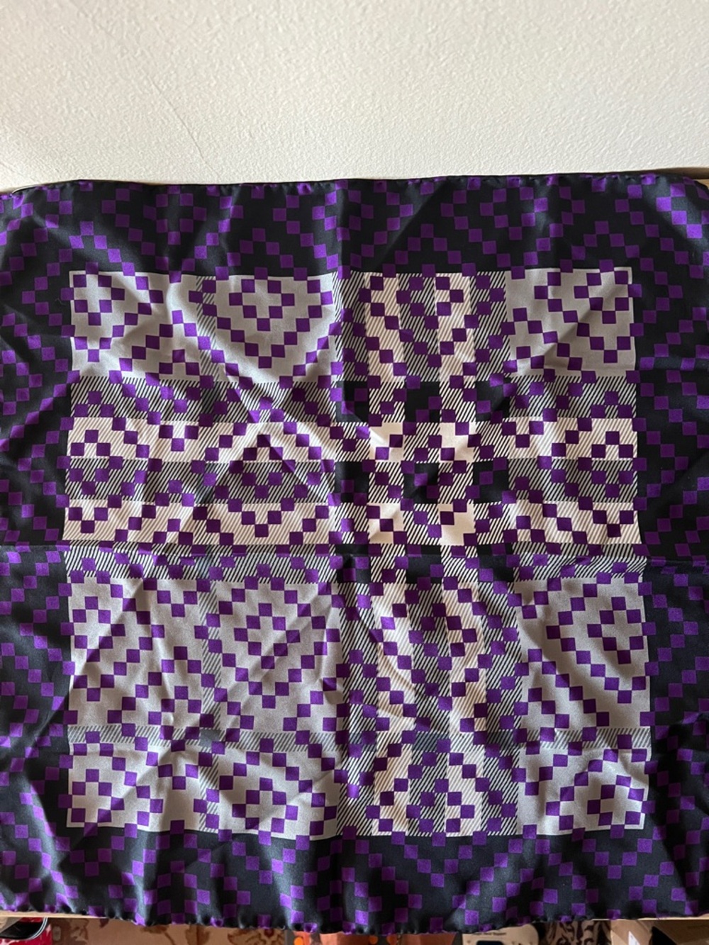 Burberry Geometric Purple and White Square Neck Scarf